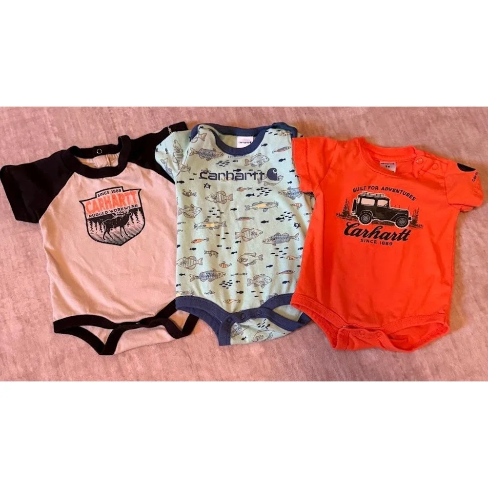 Carhartt Baby Boys 3M Bodysuit Bundle 3 Pack Fish Jeep Moose Orange Green Tan